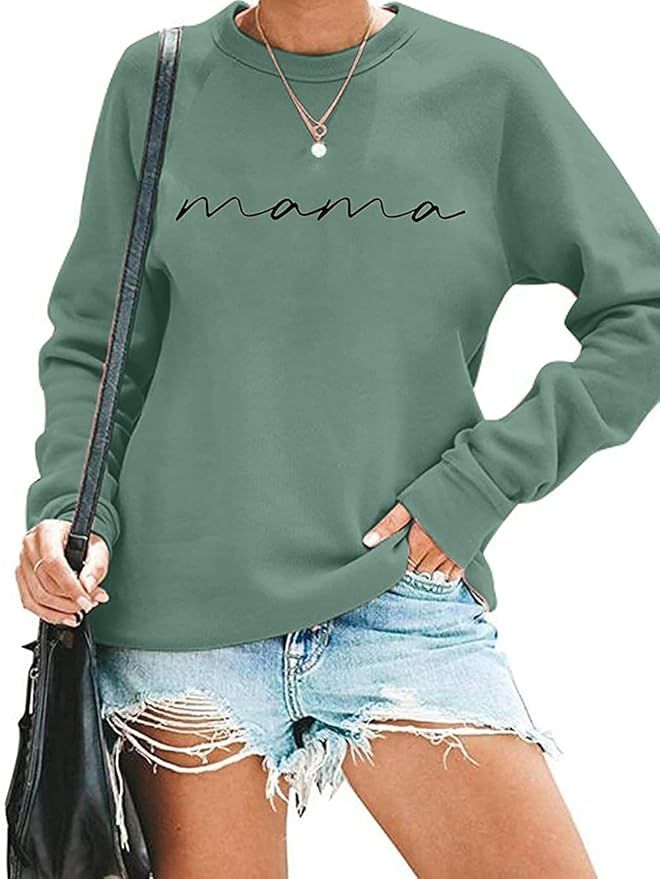 Womens Crewneck Sweatshirt Mama Letter Print Long Sleeve Loose Fashion Pullover Top | Amazon (US)