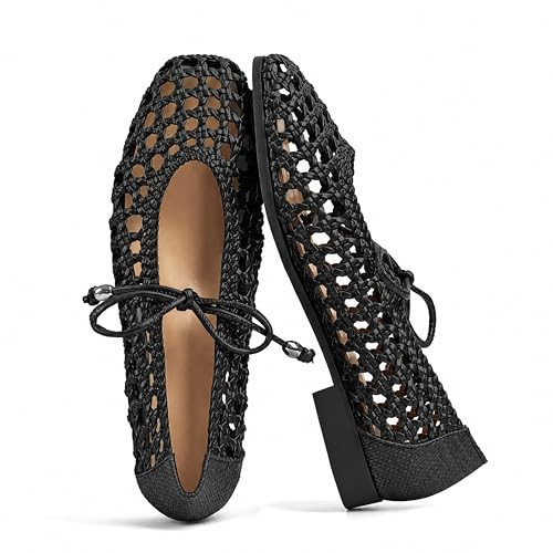 SOVANYOU Mesh Ballerina Flats for Women Black Woven Ballet Flats Cute Mary Janes Comfortable Casual Dressy Shoes | Amazon (US)