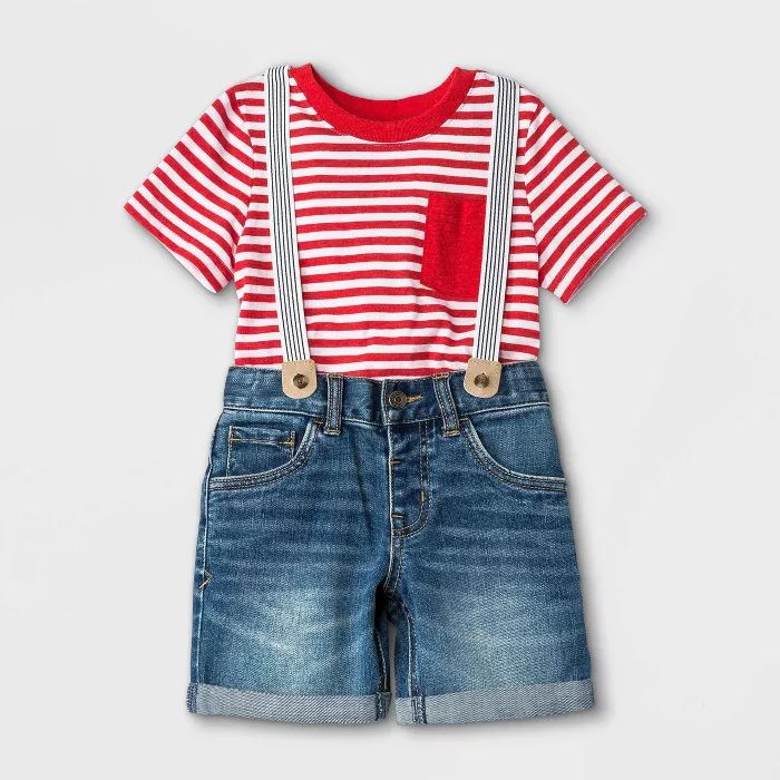 Toddler Boys' Striped Short Sleeve T-Shirt and Denim Shorts Suspender Set - Cat & Jack™ Red | Target
