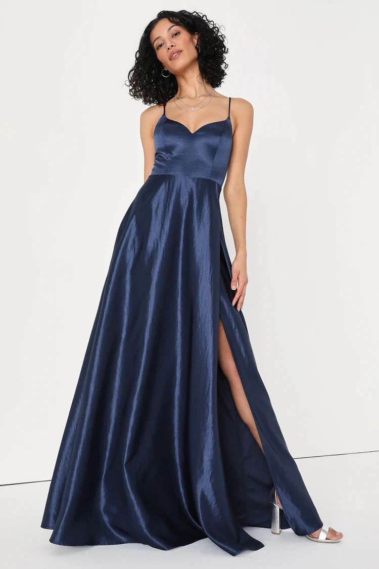 Evening Radiance Navy Blue Lace-Up A-Line Maxi Dress | Lulus (US)