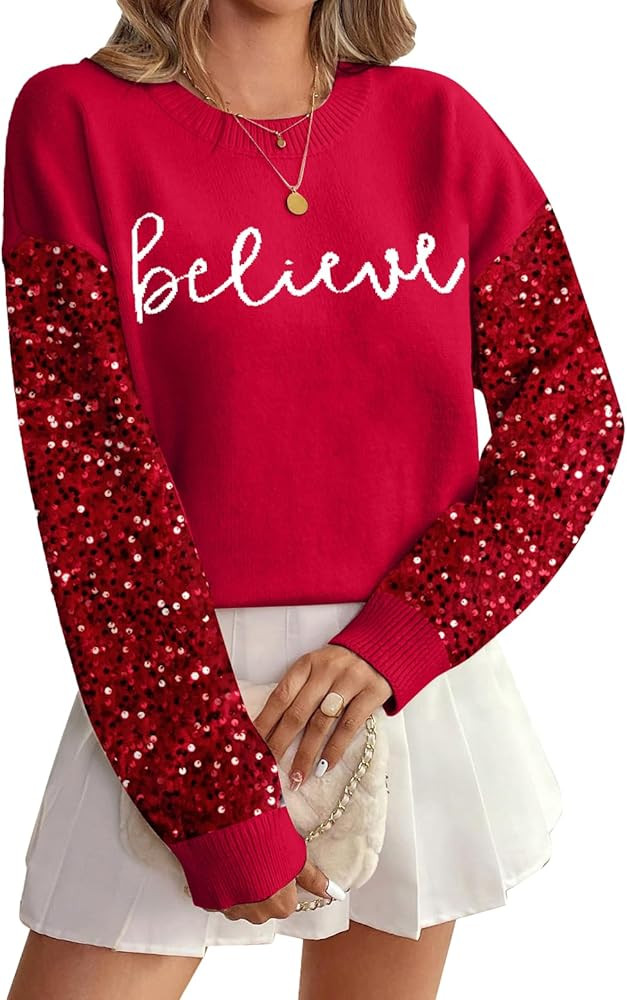 Christmas Sequin Sweater Womens Believe Christmas Sweatshirt Crewneck Long Sleeve Xmas Holiday Kn... | Amazon (US)