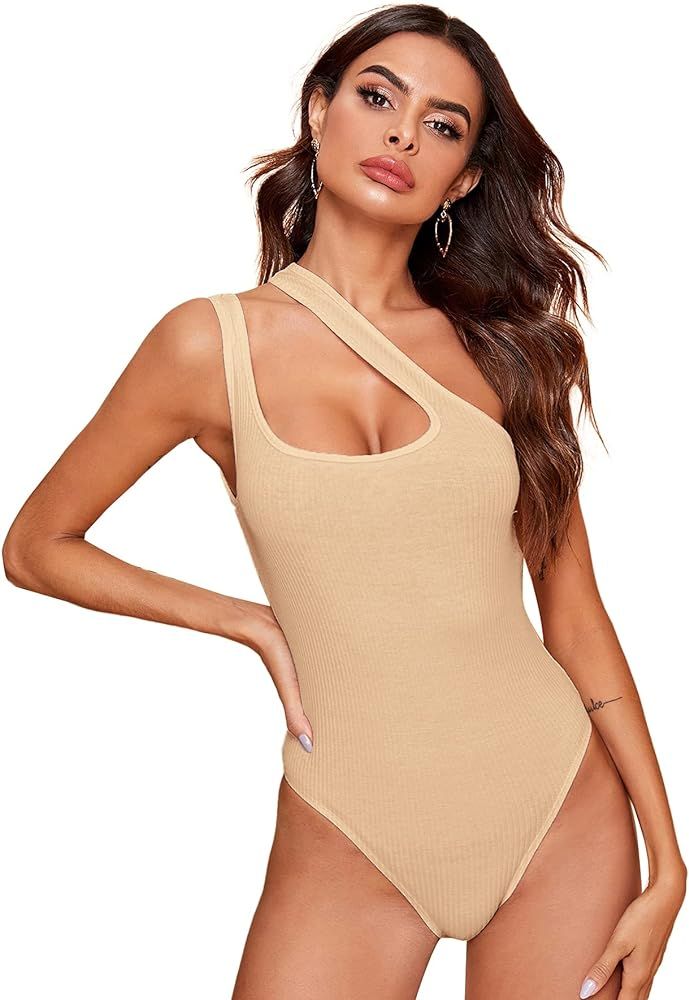 Verdusa Women's Sexy One Shoulder Sleeveless Cut Out Solid Skinny Bodysuit | Amazon (US)