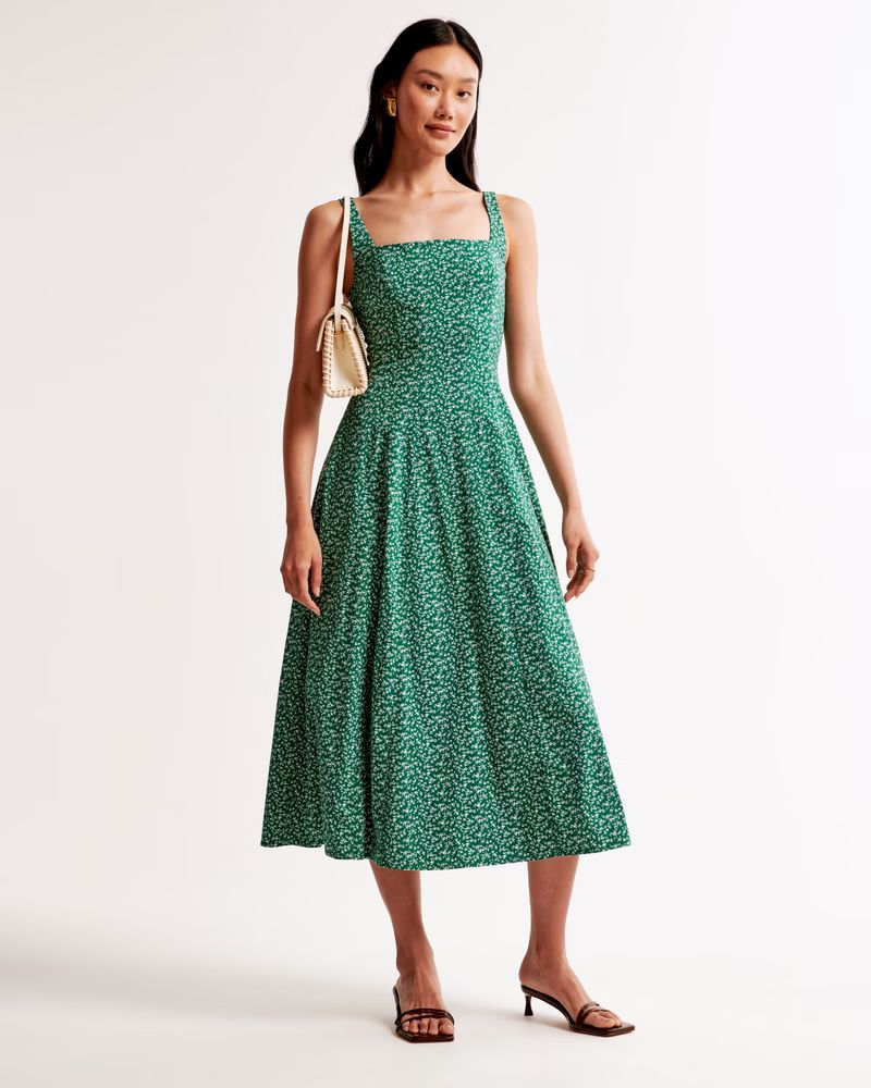 Fit & Flare Stretch Midi Dress | Green Midi Dress | Green Floral Dress | Abercrombie Dress | Abercrombie & Fitch (US)