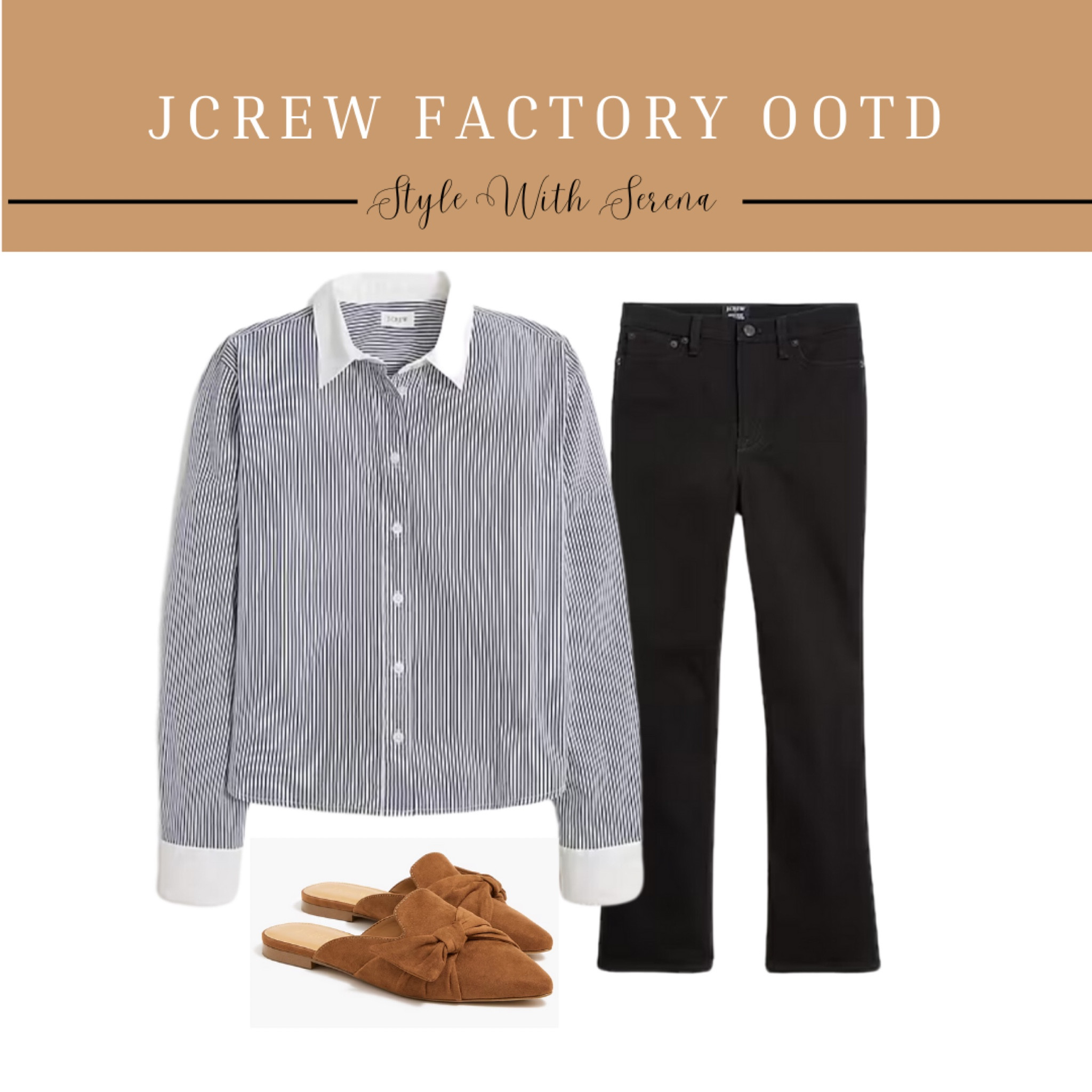 Jcrew factory outfit, striped blouse, button up, denim, black jeans, mules, teacher outfit 

#LTKSeasonal #LTKFindsUnder100 #LTKStyleTip