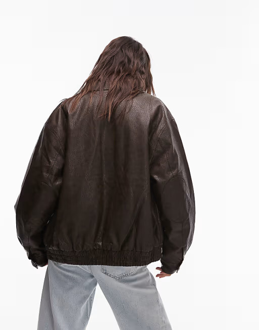 Topshop textured faux leather oversized collar bomber jacket in brown | ASOS (Global)