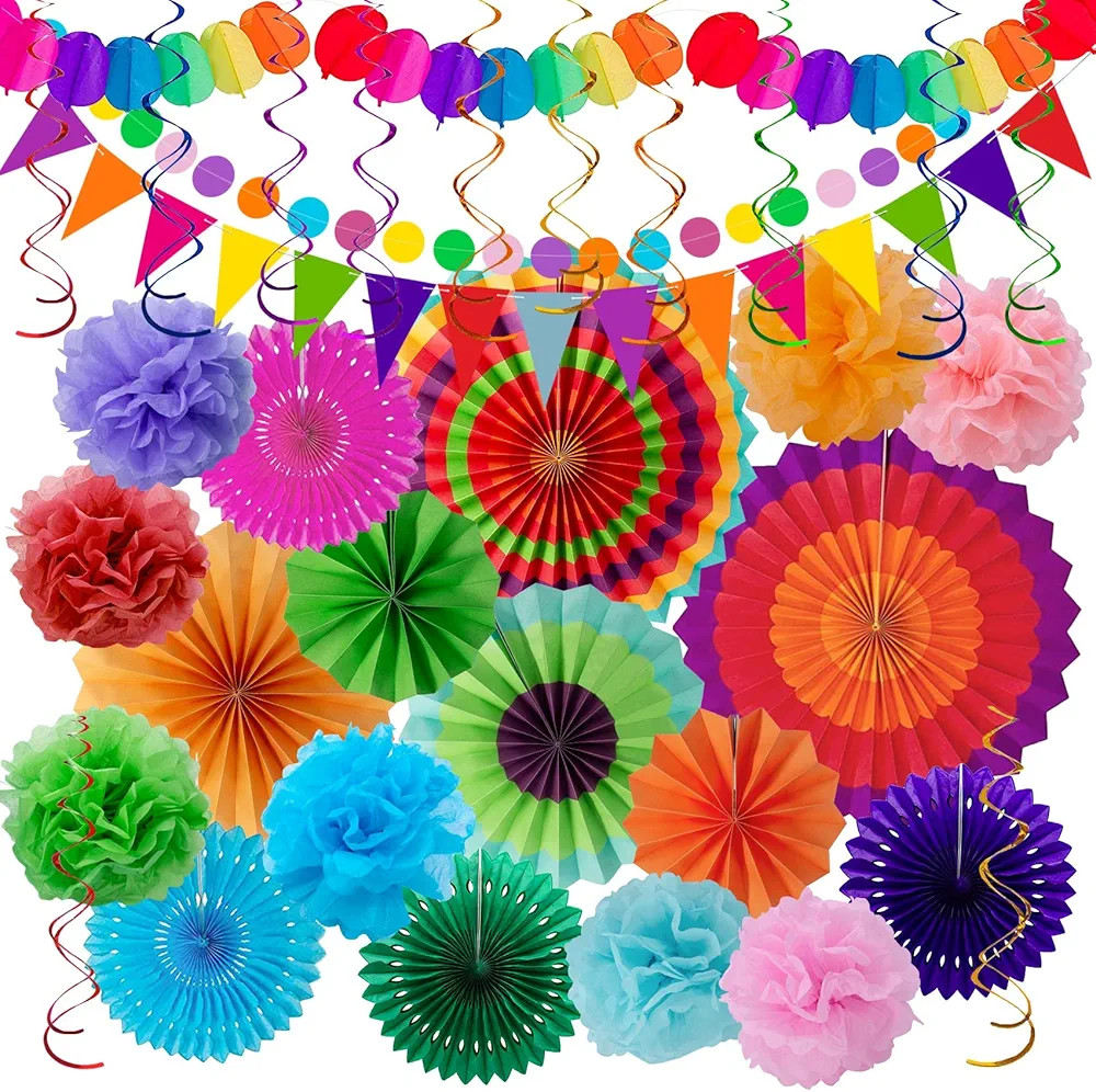 Huryfox Fiesta Party Decorations - 33pcs Colorful Mexican Themed Hanging Paper Fans, Rainbow Pape... | Amazon (US)
