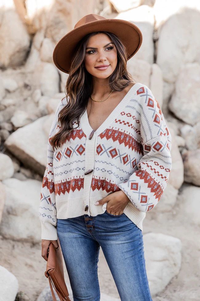 Northern Chill Rust And Beige Southwestern Print Cardigan | Pink Lily