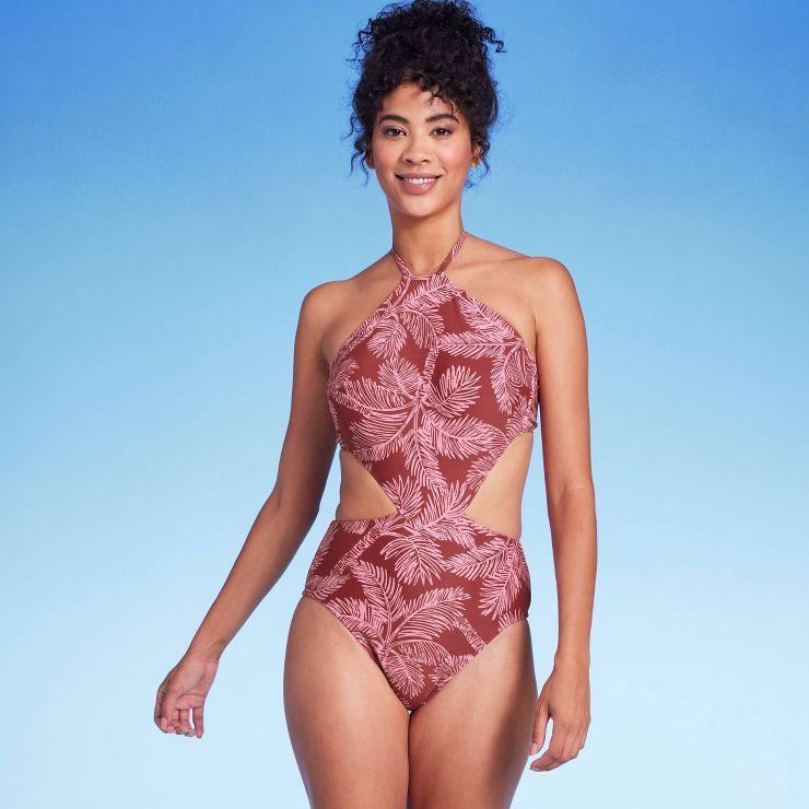 Women's Cut Out Halter One Piece Swimsuit - Shade & Shore™ Rust Palm Print | Target