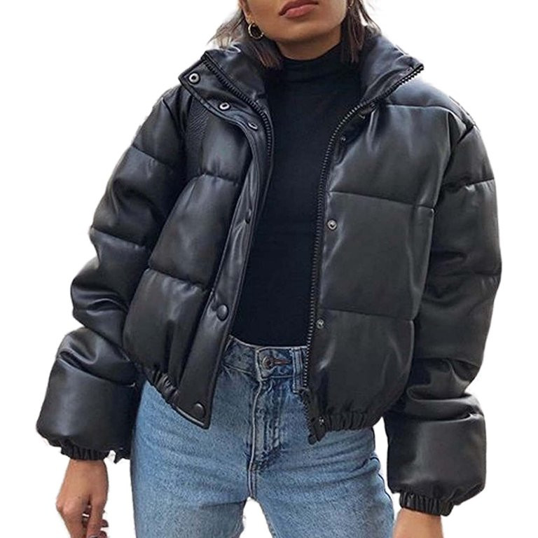 DanceeMangoos Women's Faux Leather Puffer Jacket Zip Up Quilted Trendy Y2K Baggy Winter Short Coa... | Walmart (US)