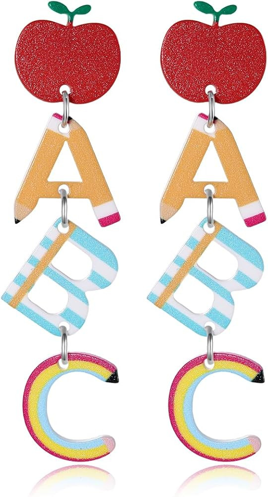 Teacher Earrings for Women - Fun Apple ABC Pencil Dangle Jewelry, Back to School Outfits Accessor... | Amazon (US)