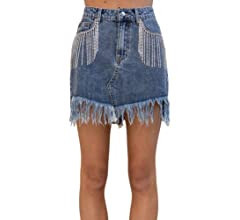 Daacee Sexy Rhinestones Tassel Denim Skirt Summer Frayed Hem Bodycon Jean Mini Dress | Amazon (US)