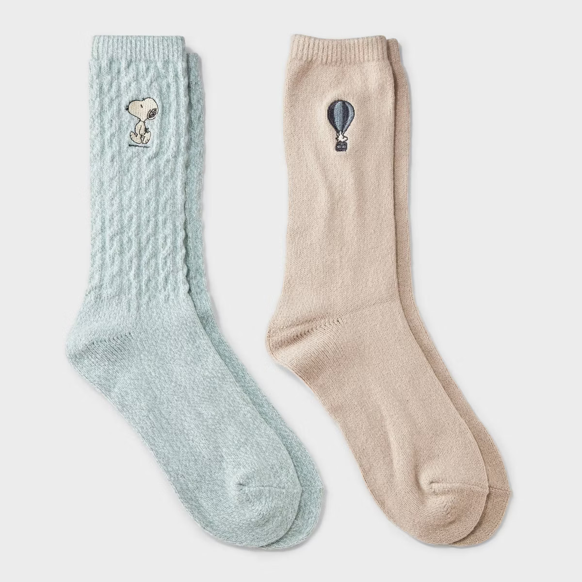 Women's Peanuts Super Soft Embroidered 2pk Crew Socks - Green/Taupe 4-10 | Target