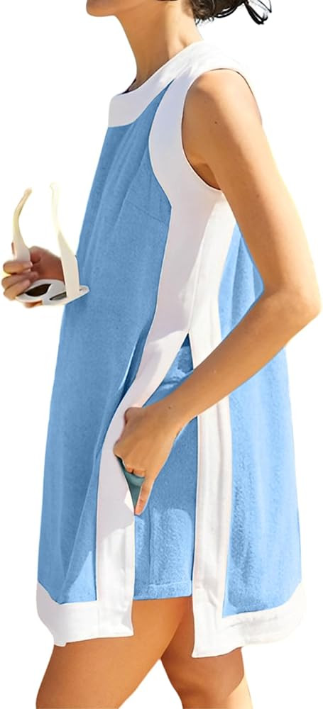 Women’s 2 Piece Sets Boho Color Block Dress Summer Casual Sleeveless Crewneck Tops Shorts Match... | Amazon (US)