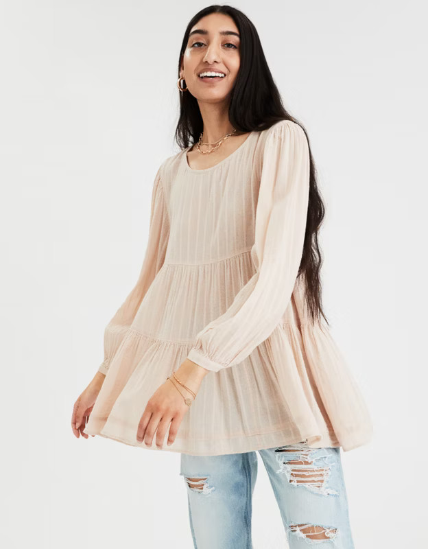 AE Long Sleeve Tiered Babydoll Top | American Eagle Outfitters (US & CA)