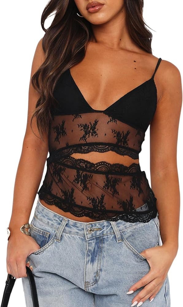 Women Y2k Cami Shirt Lace Trim Sexy Tank Tops Spaghetti Strap Going Out Crop Top Summer Vest Cute... | Amazon (US)