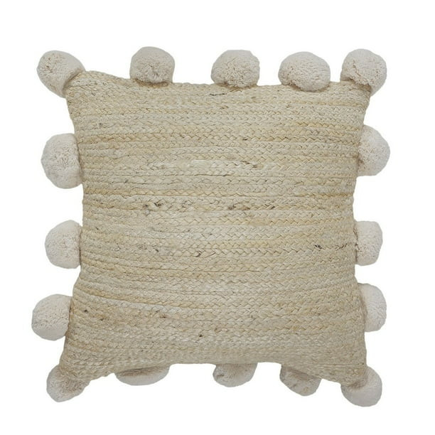 LR Home Natural Jute Throw Pillow with Pom Poms Border, 20" x 20" , Tan - Walmart.com | Walmart (US)