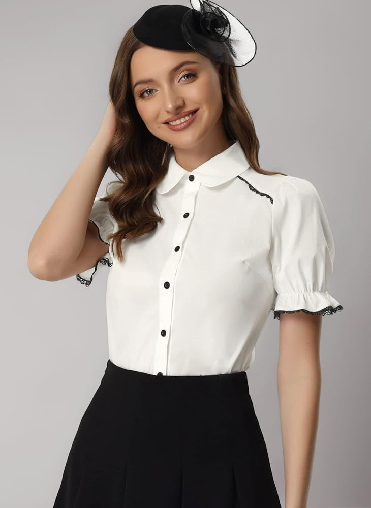 Allegra K Peter Pan Collar Shirt for Women 2026 Vintage Puff Short Sleeve Button Down Blouse Tops | Amazon (UK)