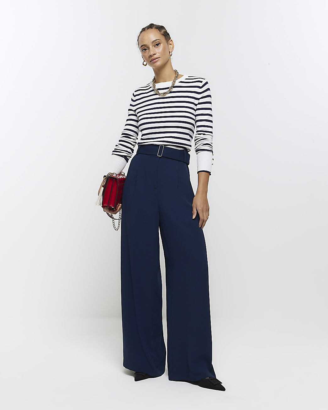 Navy belted wide leg trousers | River Island (UK & IE)