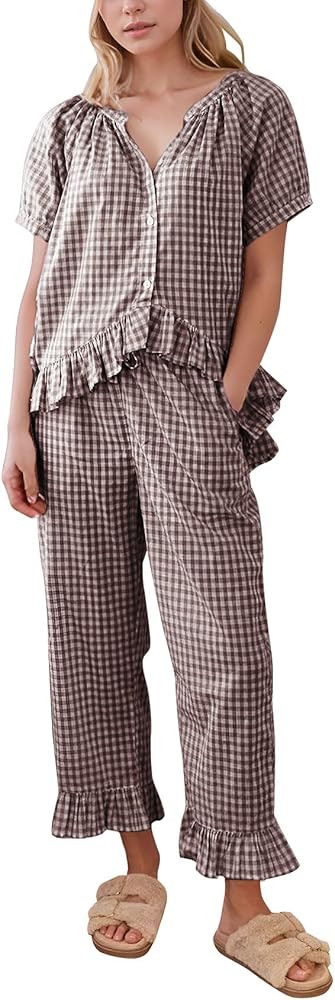 Flygo Womens Plaid 2 Piece Pajamas Sets Gingham Button Down Puff Sleeve Babydoll Shirt Ruffle Pan... | Amazon (US)