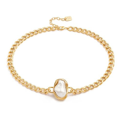 Aobei Pearl Baroque Pearl Pendant Necklace 18K Gold Plated Chunky Flat Cuban Chain Choker Thick Curb Link Collar Jewelry for Women 15” | Amazon (US)