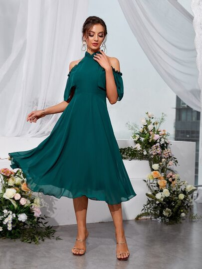 Cold Shoulder Frill Trim Chiffon Dress | SHEIN