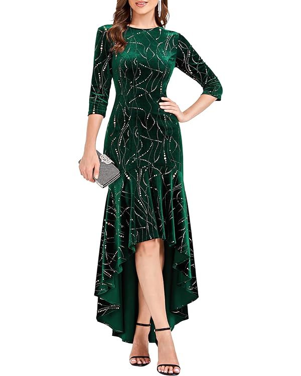 Ever-Pretty Women's Velvet 3/4 Sleeve High-Low Mermaid Plus Size Gorgeous Evening Dress 0472 | Amazon (US)