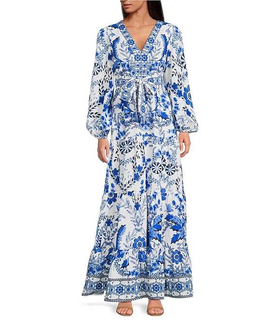 Floral Printed Linen Blend Long Sleeve V-Neck Self Tie Maxi Dress | Dillard's