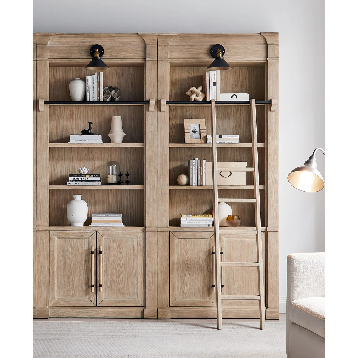 Two 8' Tall Bookcase Wall With Ladder, Storage Organizer, Display Shelf for Office, Brown | Wayfair North America