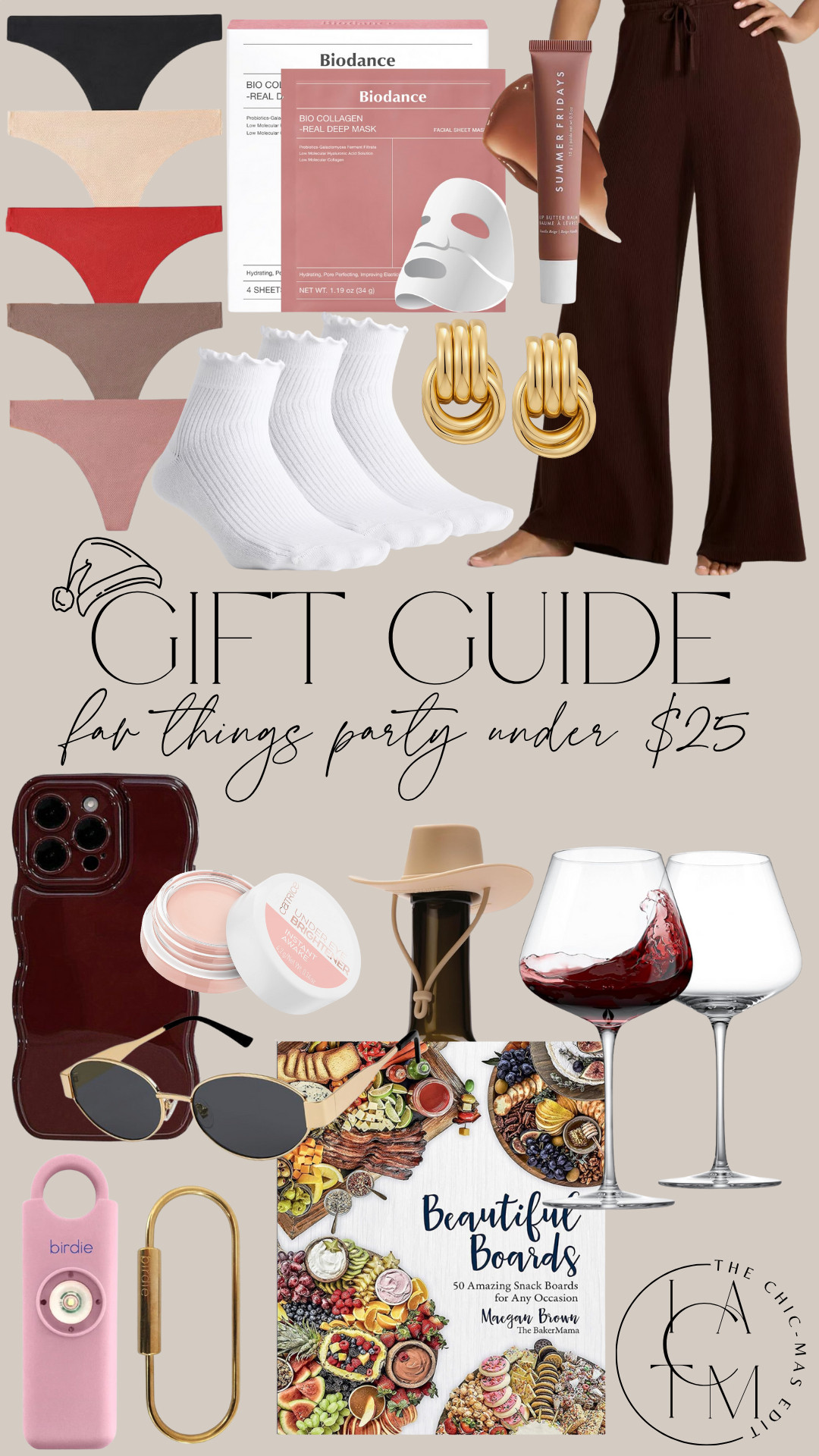 Chic Holiday Gift Guide: Favorite Things Party. Gifts under $25 for her. 

Thongs. Biodance face mask. Summer Fridays lip. Gold hoop earrings. Socks. Maroon scalloped phone case. Under eye brightener. Wine glasses. Cowboy hat wine stopper. Birdie alarm. Sungalsses. Beautiful boards.  

 #LTKGiftGuide #LTKHoliday #LTKFindsUnder50