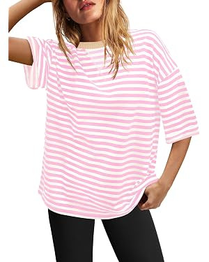 SENSERISE Womens Summer Tops Short Sleeve Sweatshirt Crewneck Striped T Shirt Oversized Basic Tee... | Amazon (US)