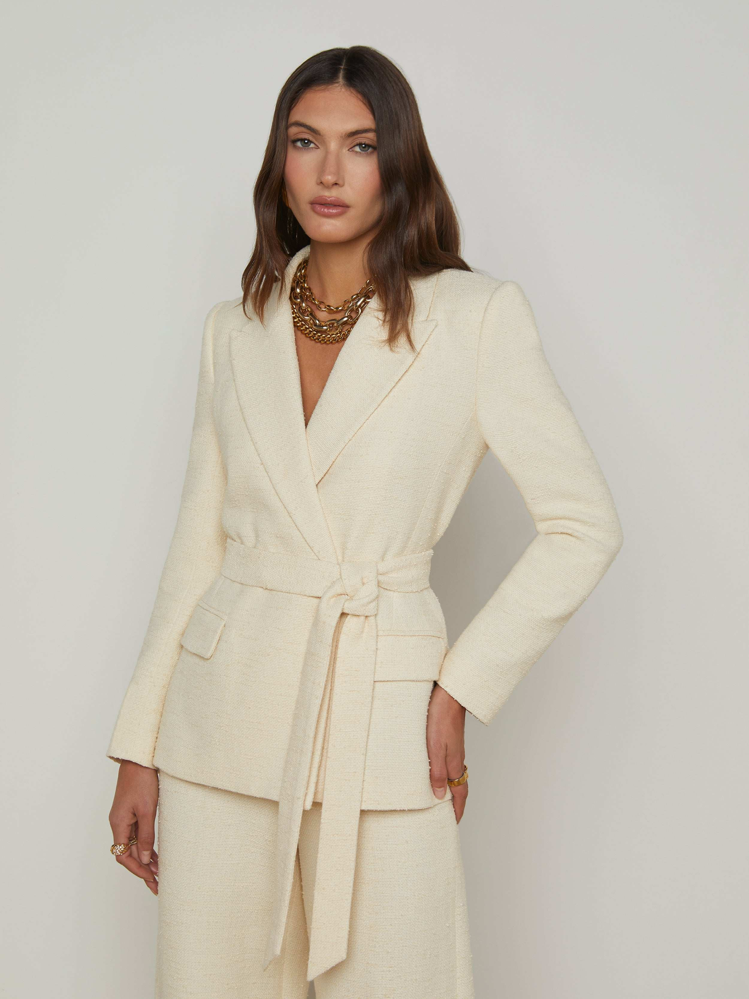 L'AGENCE - Jordana Tweed Wrap Blazer in Light Pearl/Multi Tassle Chain | L'Agence