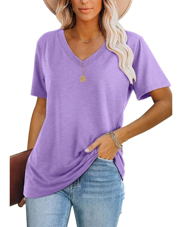 WIHOLL Womens Tops Casual Short Sleeve V Neck Summer T Shirts Fashion Spring Clothes | Amazon (US)