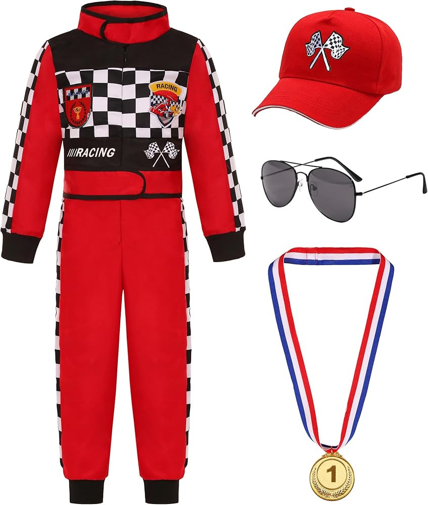Kids Race Car Driver Costume Set Boys Girls Racer Jumpsuit Halloween Racer Cosplay Dress Up | Amazon (US)
