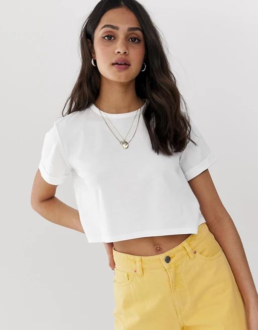 ASOS DESIGN ultimate organic cotton crop t-shirt with roll sleeve in white | ASOS US