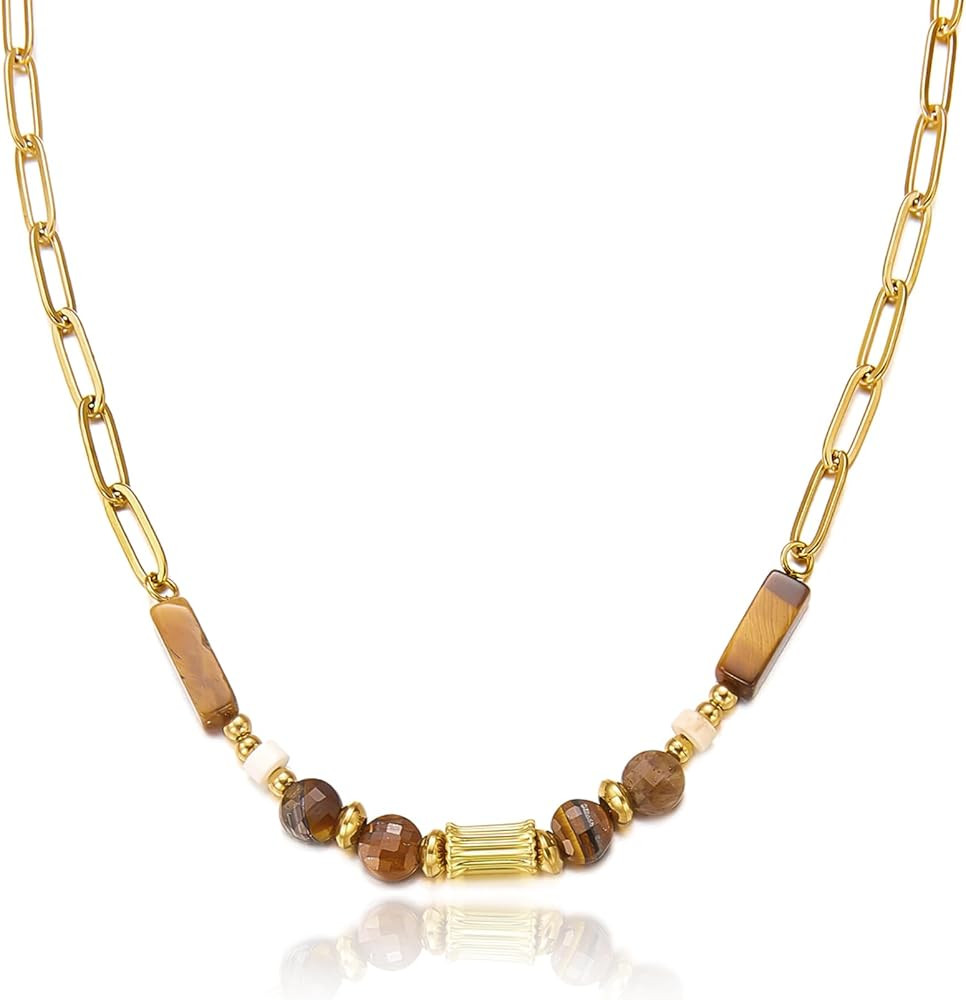 Harlermoon Tigers Eye Necklace Gold Brown Stone Pendant Boho Necklace Chunky Adjustable Bohemian ... | Amazon (US)