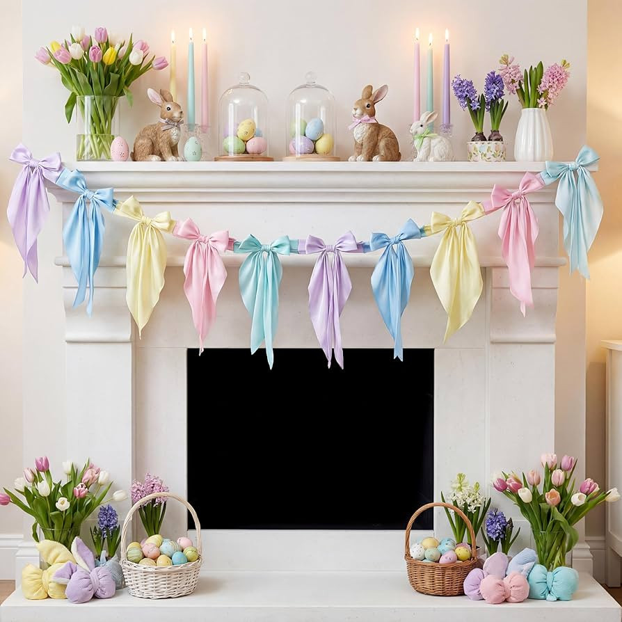 VitalCozy 1 Pcs Easter Pastel Bow Garland Banner - Silk Satin Ribbon Hanging Party Bow Garland De... | Amazon (US)