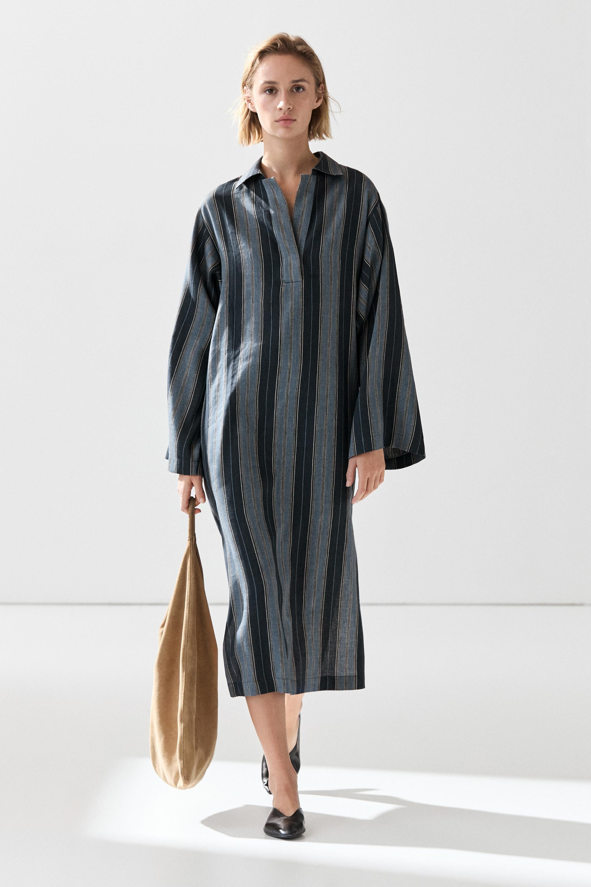 Striped linen cotton blend kaftan | Massimo Dutti UK