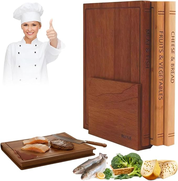 Book Cutting Board Set of 3 with Stand – Solid Maple, Sapele & Bamboo Boards (13"×10"×0.8") o... | Amazon (US)
