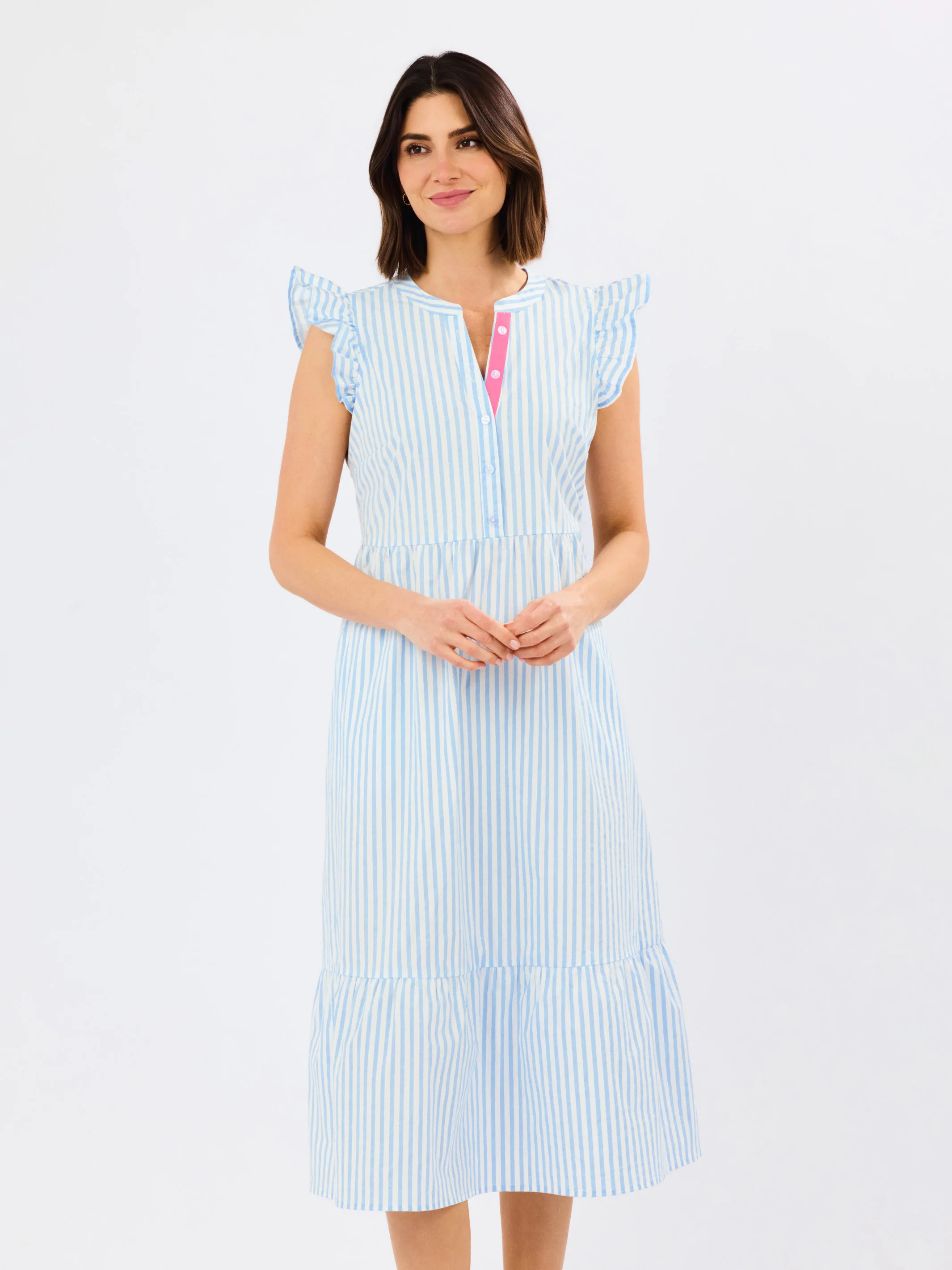 Riley Flutter Sleeve Dress | Pin Stripe Blue | Mary Square