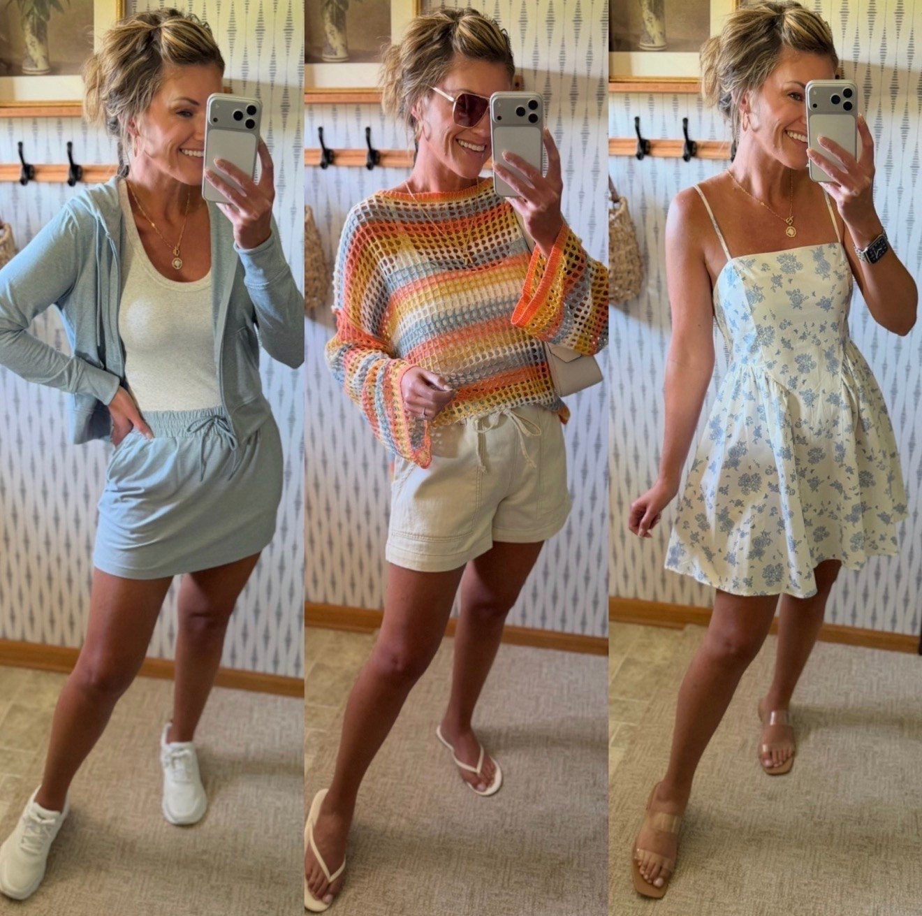 Walmart new arrivals 🩵
Jacket/ small
Tank/ XS
Skort/medium
Crochet Top/medium (could have done small)
Shorts/ medium
Dress/medium
