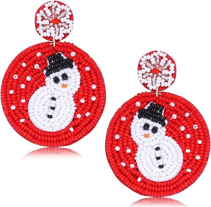 Beaded Christmas Dangle Earrings for Women Girls Snowman Holiday Drink Peppermint Tea Dangling Ea... | Amazon (US)