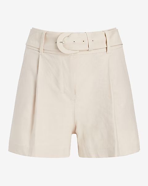 Super High Waisted Belted Linen-Blend Shorts | Express