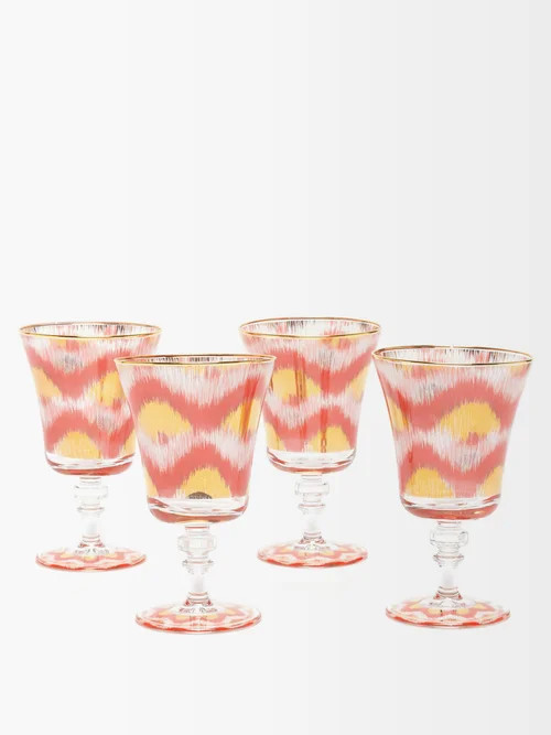 Les Ottomans - Set Of Four Ikat-print Wine Glasses - Red Multi | Matches (US)