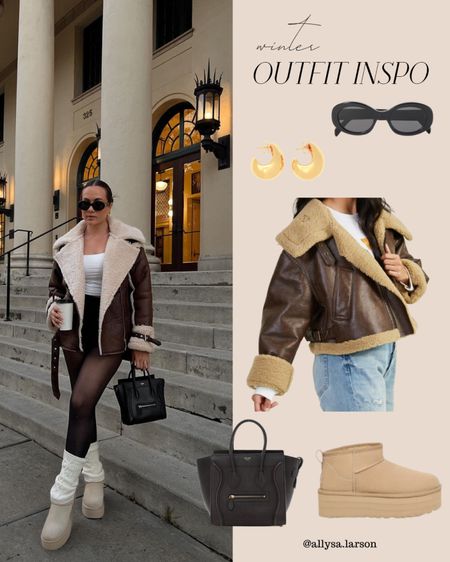 Cozy winter outfit, fur coat, leather jacket, gold earrings, Ugg boots, black purse 

#LTKstyletip #LTKSeasonal #LTKshoecrush