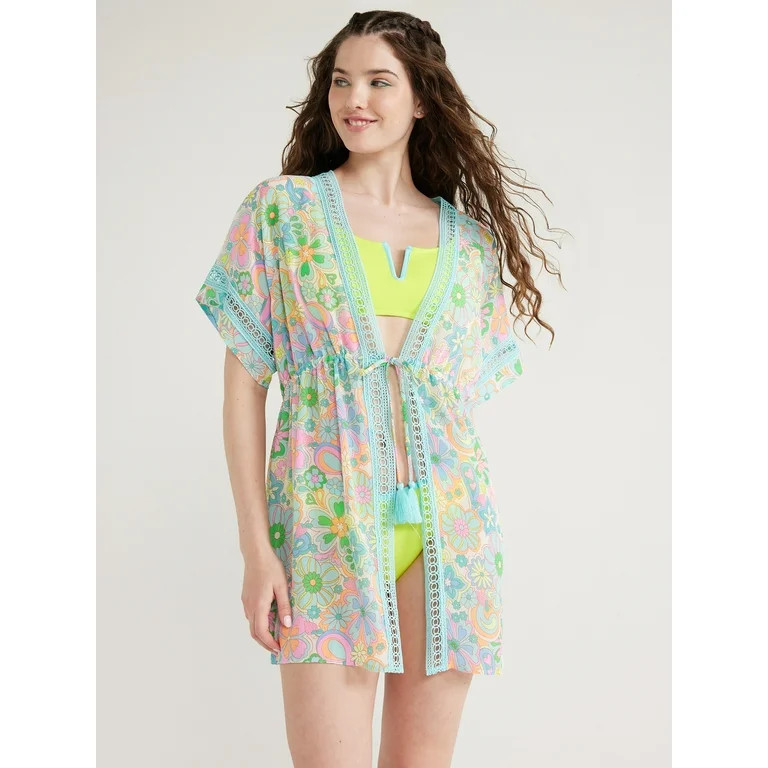 No Boundaries Juniors Tie Front Coverup with Short Sleeves, Sizes S-2XL - Walmart.com | Walmart (US)