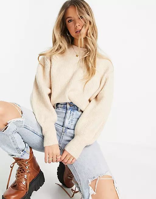 ASOS DESIGN crew neck sweater in rib with fluffy yarn in oatmeal | ASOS (Global)