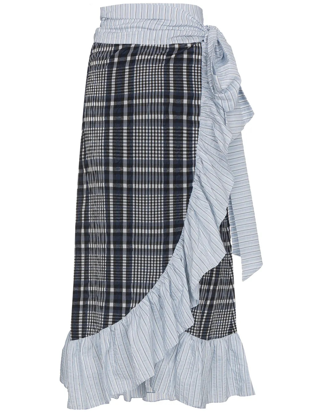 Ganni Wrap skirt with checked pattern and ruffles - Blue | FarFetch US