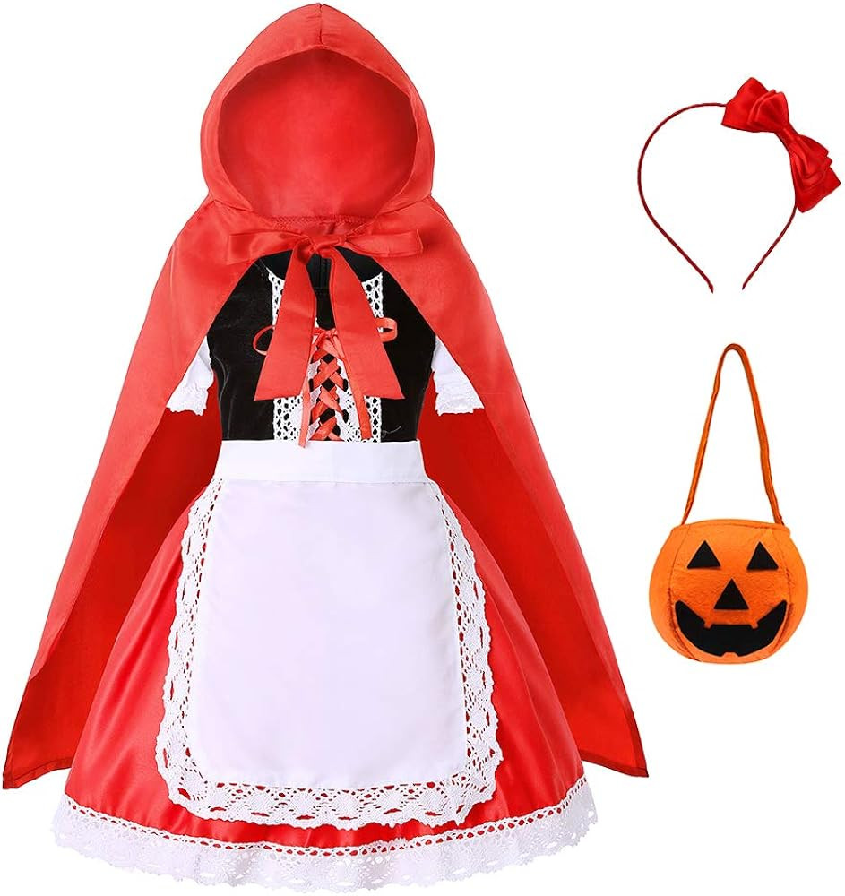 Dormstop Girls Little Red Riding Hood Costume Dress Up Outfits with Cloak Headband Pumpkin Bag | Amazon (US)