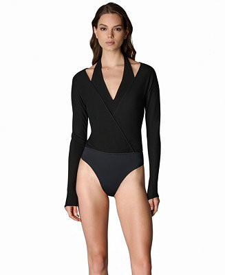 Women's Long-Sleeve V-Neck Sheen Ponte Bodysuit - Macy's Exclusive | Macy's