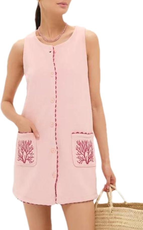 Womens Faux Suede Sleeveless Dress Coral Embroidered Button Down Summer Casual Resort Mini Dress | Amazon (US)